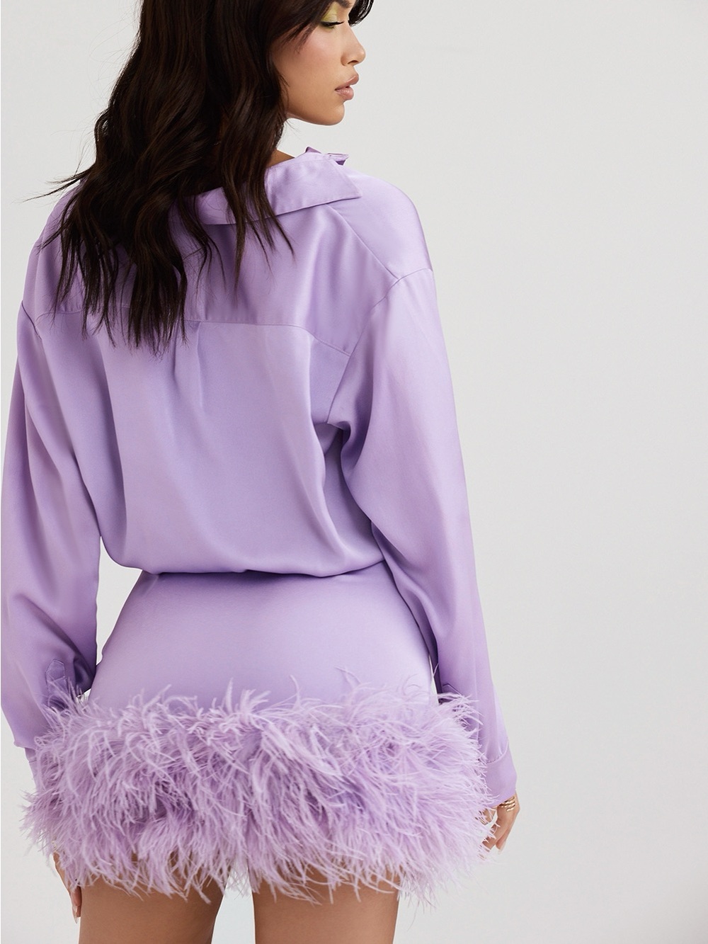 House of CB Tyra Orchid Satin Shirt Dress Feather Trim Lavender S - Picture 5 of 12